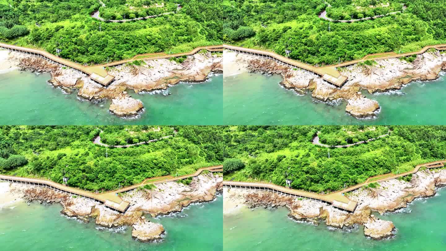 航拍广东惠州小径湾山海绿道礁石海滩海岸线