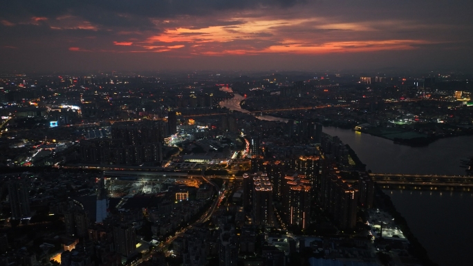 广州台风天夕阳黄昏晚霞珠江河夜景4K航拍