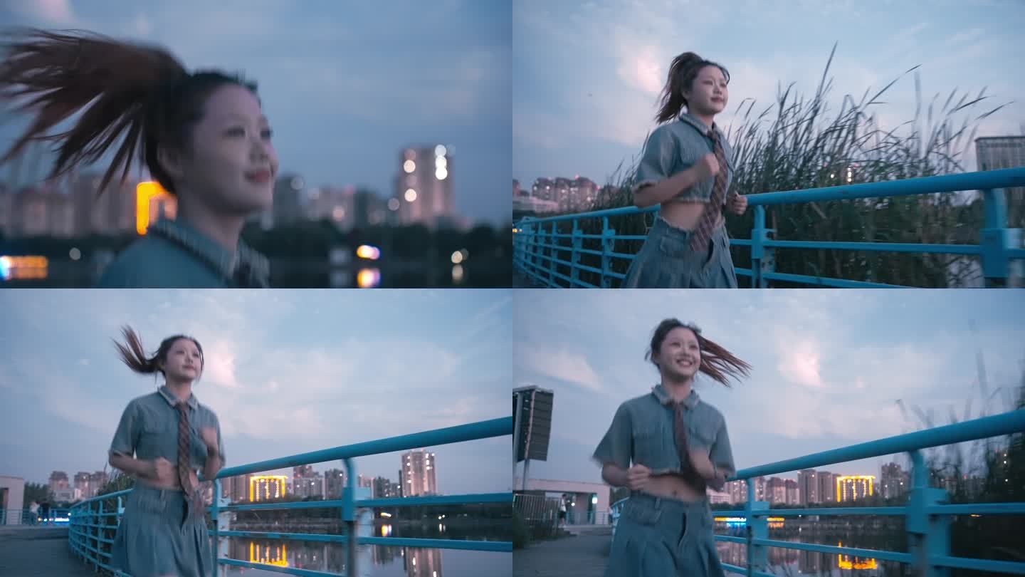 jk少女跑步 河边跑步 夕阳跑步