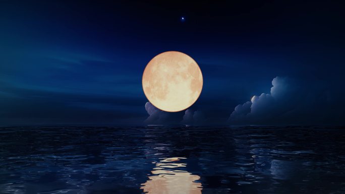 大海海面海上明月月亮升起一轮满月月光倒影