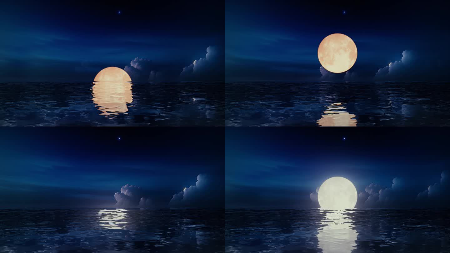 大海海面海上明月月亮升起一轮满月月光倒影