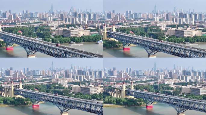 4k航拍南京长江大桥车流铁路长江城市高楼