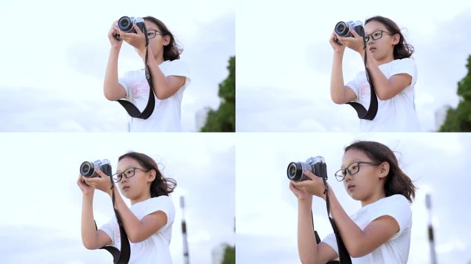 4K升格实拍旅游拿着相机拍照的东方女孩