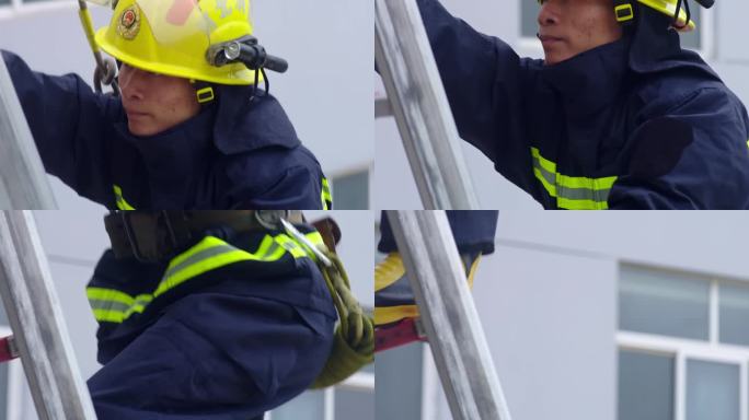 消防员战士攀爬云梯慢动作特写镜头