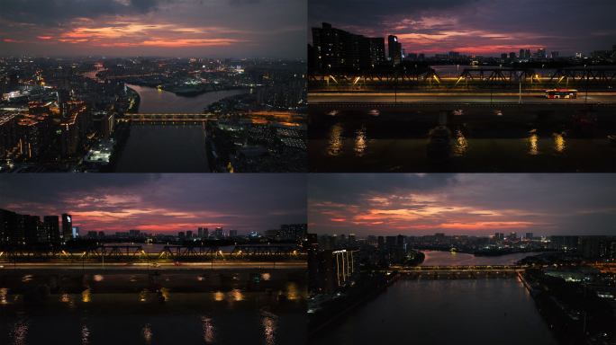 广州黄昏晚霞珠江大桥夜景4K航拍