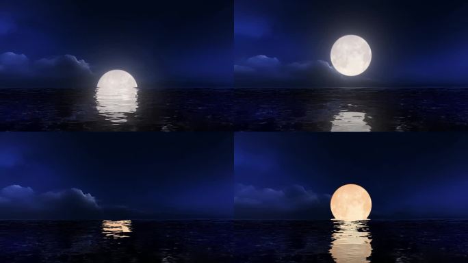 大海海面水面海上一轮明月月亮升起倒影动画