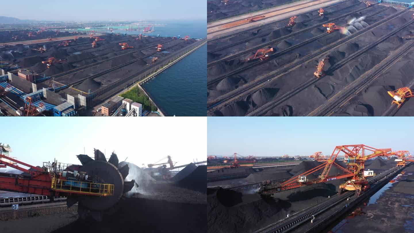 4K航拍港口煤堆工作场景