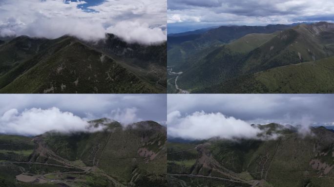 高原 草地 雪山 航拍 云雾缭绕