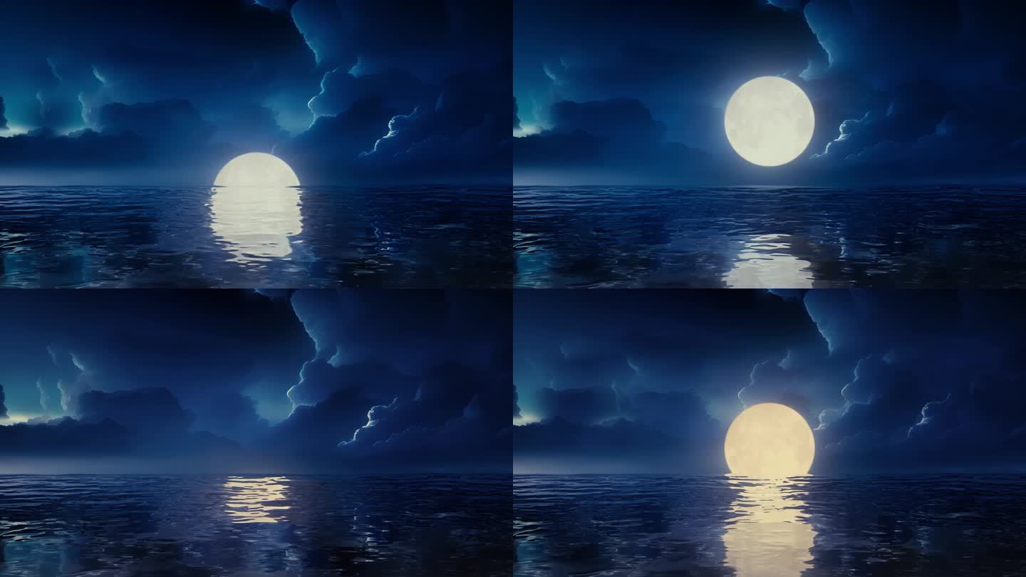 唯美大海海面水面海上明月月亮月光月色升起