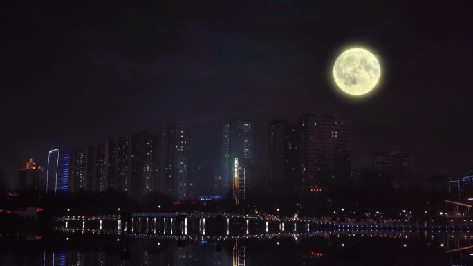 城市圆月延时月亮