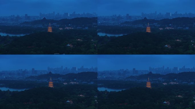 杭州雷峰塔城隍阁同框夜景