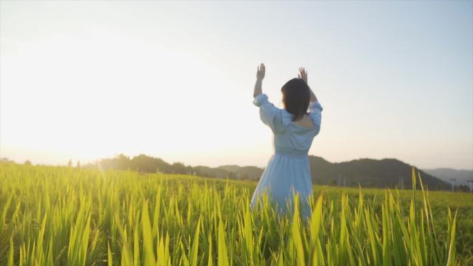 女生田间挥手背影眺望远方向往自由追逐梦想