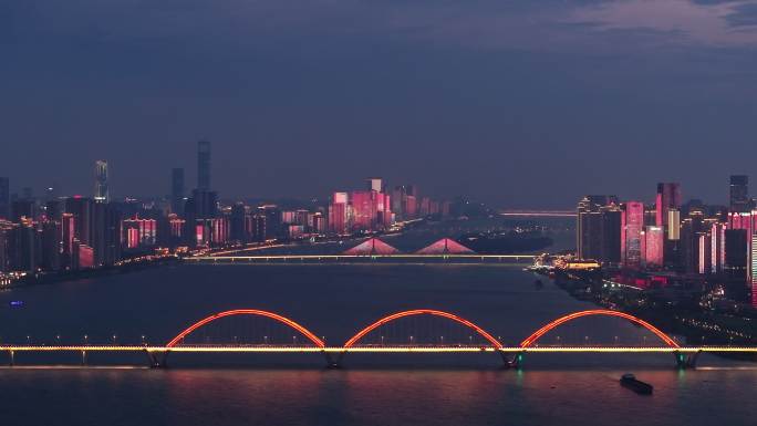 湖南长沙城市建筑风光晚霞夜景航拍