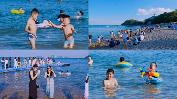 夏天海边游泳嬉戏小孩海边玩水美女拍照