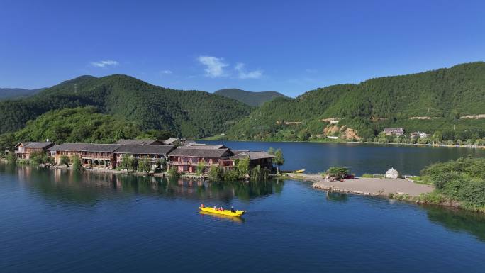 航拍泸沽湖里格村 高原湖泊泸沽湖