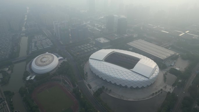 航拍绍兴中国轻纺城体育中心
