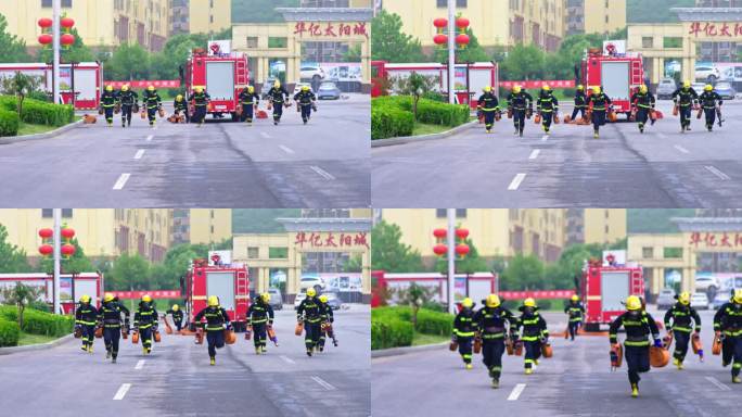 消防员战士在户外进行火灾救援演练