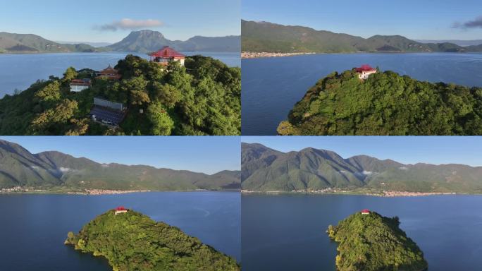 航拍泸沽湖湖风光 高原湖泊泸沽湖日出