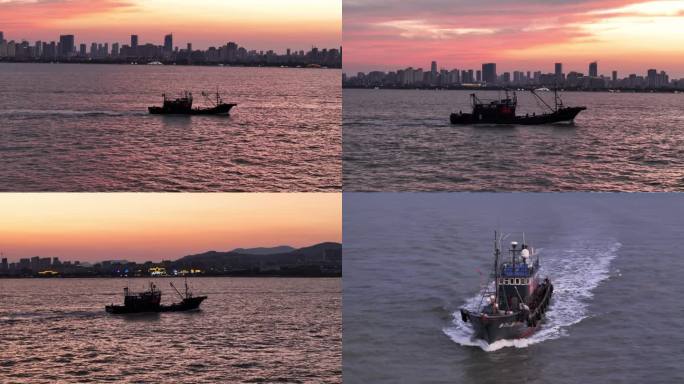渔船剪映日落夕阳打渔归多段海面渔船
