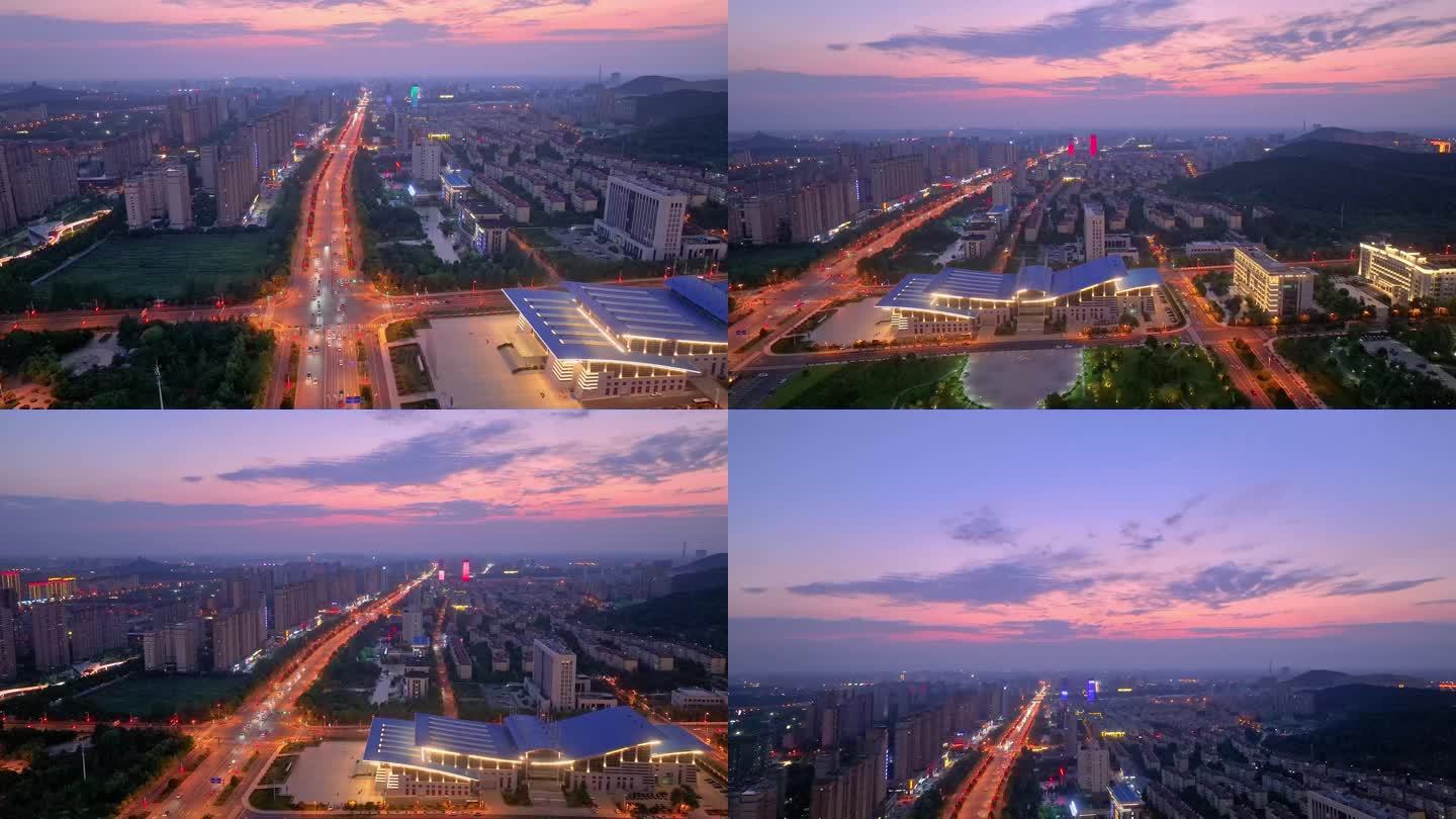 航拍枣庄新城段光明路夜景夕阳