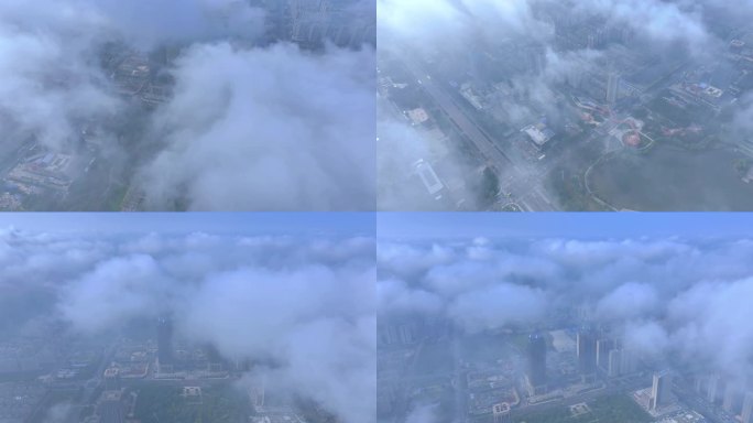 航拍枣庄地区雾霾严重下的枣庄城