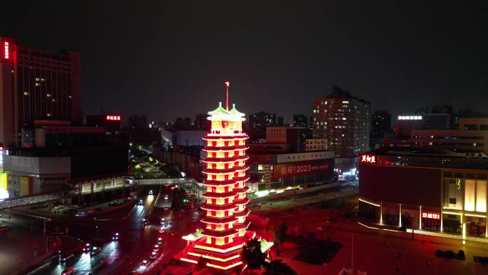 河南郑州城市建设二七塔夜景航拍