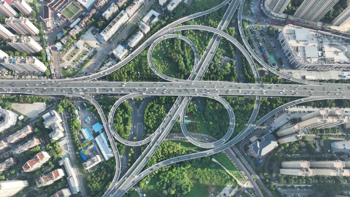武汉二环线俯拍城市交通车流国博大道立交桥