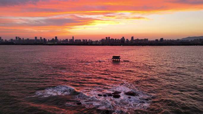 日落夕阳海面潮汐航拍余晖多段素材