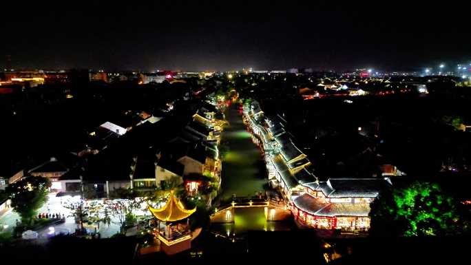 航拍西塘水乡夜景西塘古镇夜景