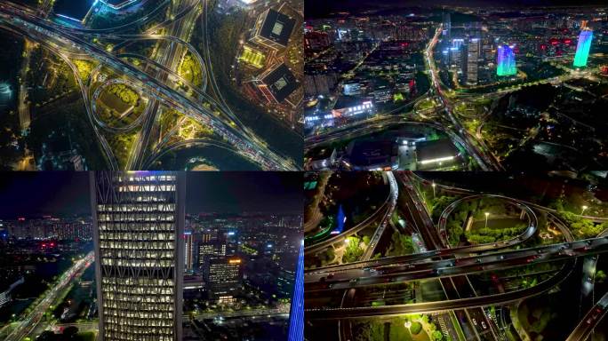 杭州滨江区立交桥夜景车流航拍延时视频