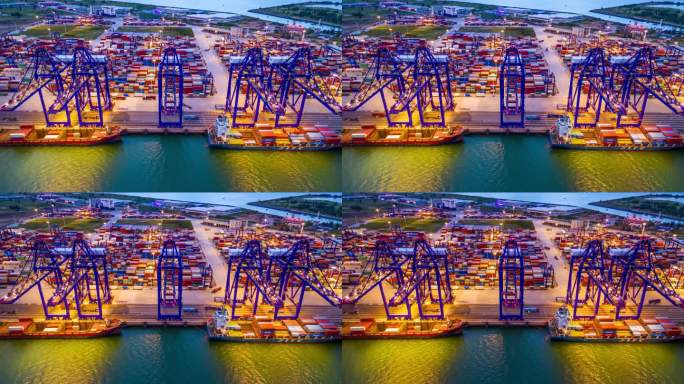 海南儋州市洋浦港航拍集装箱自贸港夜景延时