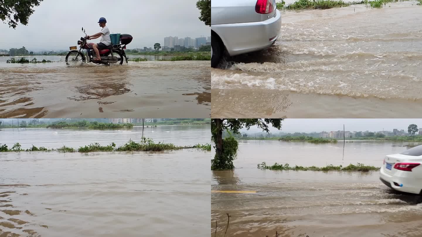 洪水泛滥洪水过后淹没 汽车开过水灾积水地