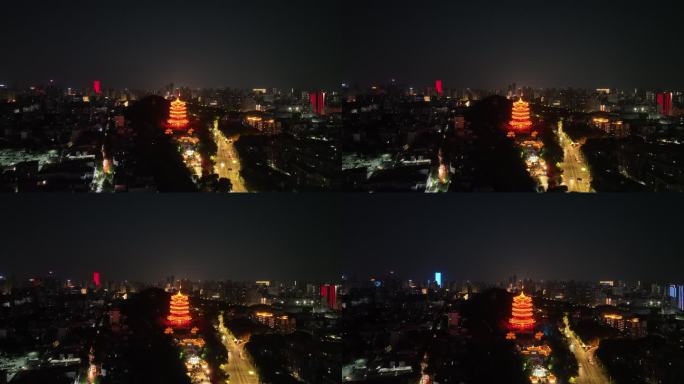 武汉黄鹤楼夜景航拍城市夜晚古建筑黑夜风光