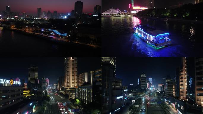4K航拍宁波城市夜景游船