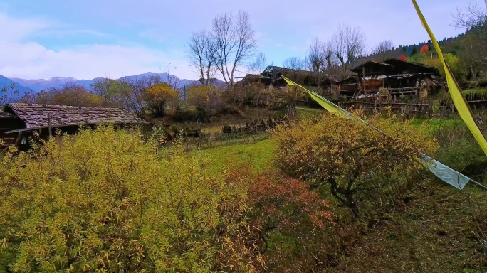 航拍九寨沟荒废古老乡村秋色