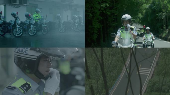 警察出发 戴头盔 骑摩托 行驶 山路