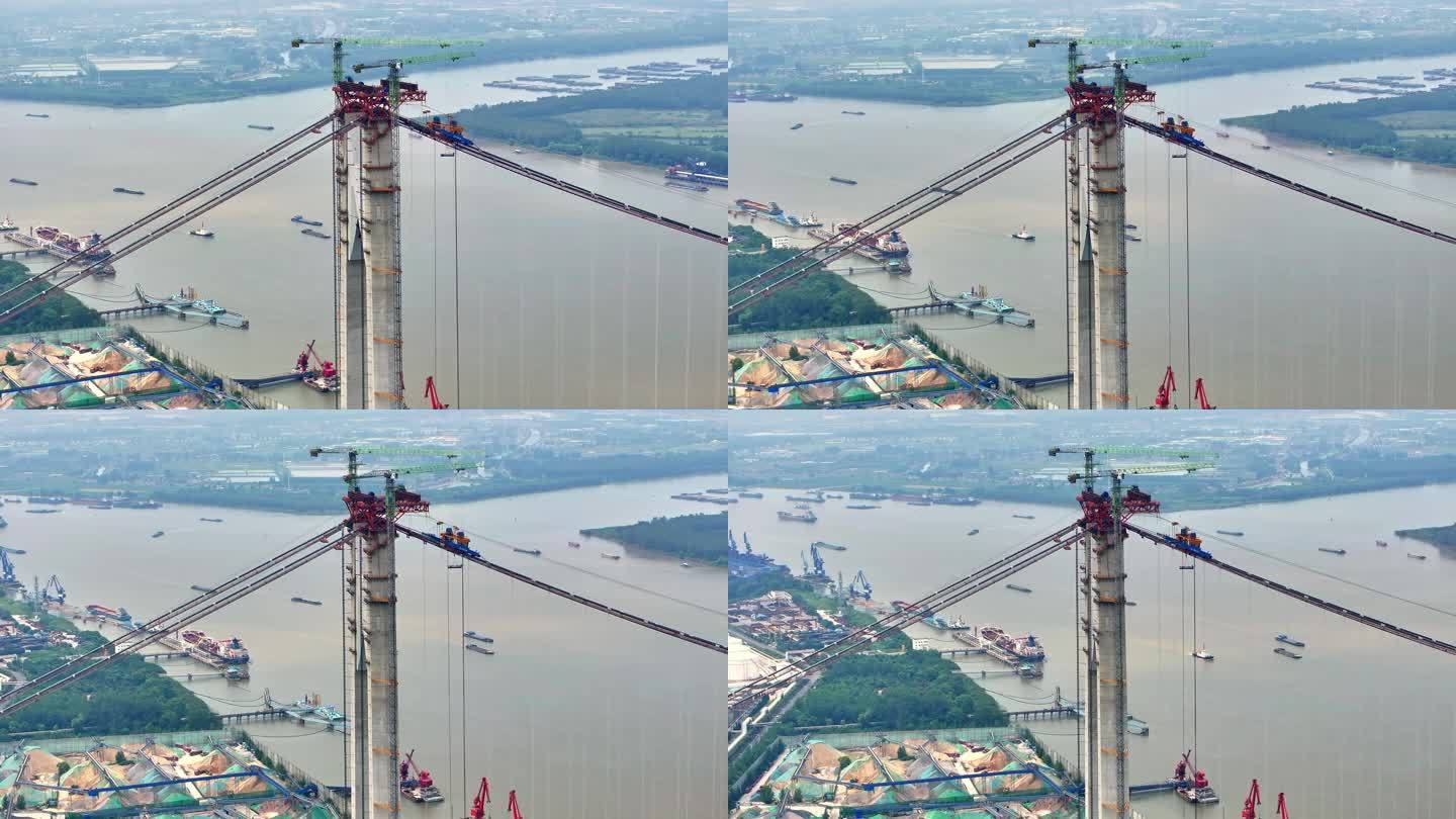 航拍长江在建施工大桥航运轮船江岸