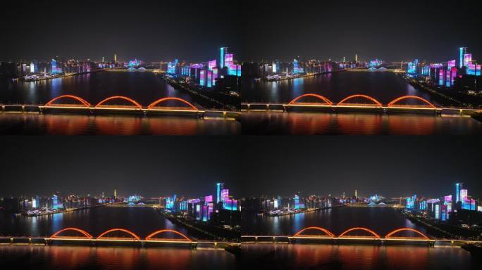 长沙湘江夜景航拍福元路大桥夜景建筑风光