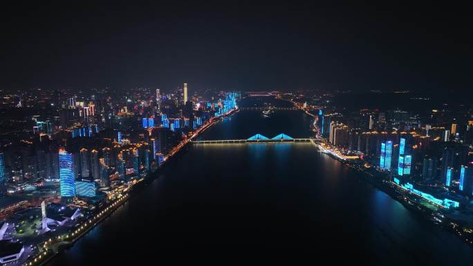 长沙夜景风光航拍湘江两岸滨江建筑灯光风景