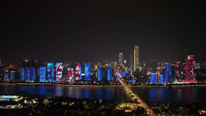 长沙城市夜景航拍湘江风光万达广场灯光秀