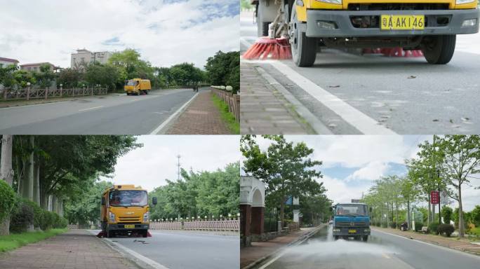 道路维护洒水车环卫工人扫地