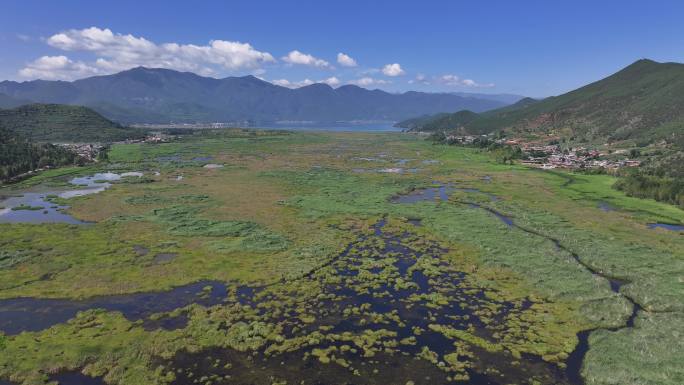 航拍泸沽走婚桥 高原湖泊泸沽湖