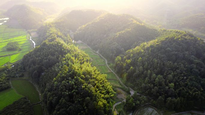 逆光山区自然风光航拍