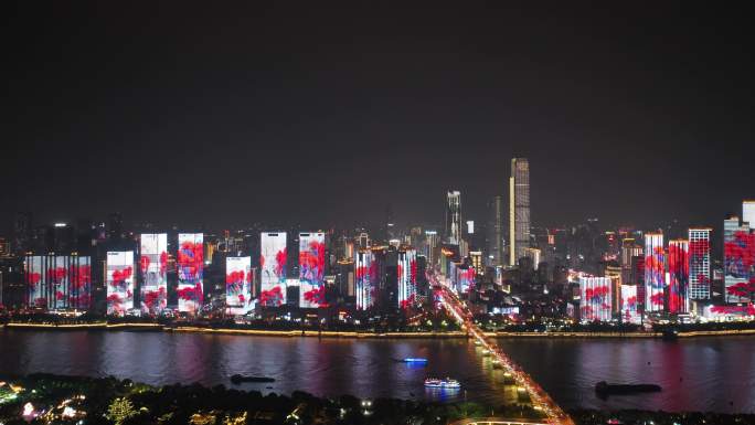 长沙城市夜景航拍湘江风光万达广场灯光秀