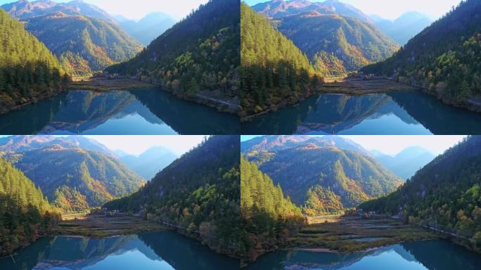 航拍四川九寨沟日则沟镜海清晨