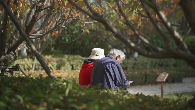 一对老夫妻坐在小区的长椅上休息