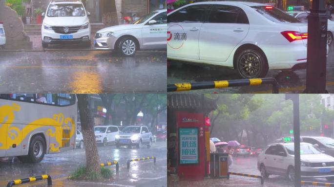 城市下暴雨下雨天雨季汽车人流街道街头街景