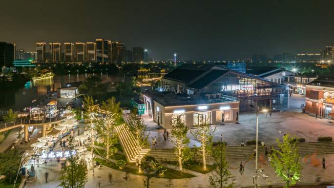 台州温岭市中心九龙书局夜景航拍延时九龙湖