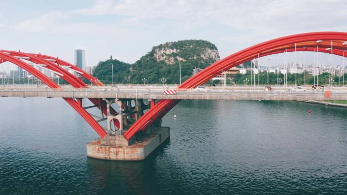 航拍广西柳州文惠桥与城市山水风景