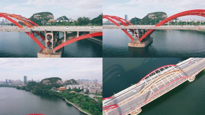航拍广西柳州文惠桥与城市山水风景